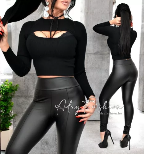 Fekete matt elöl tűzött műbőr legging