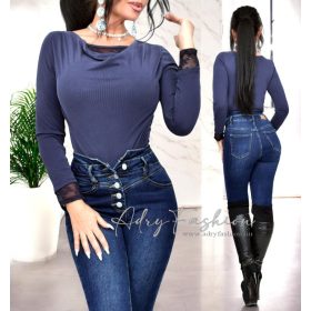 Sötétkék kámzsás csipkés női felső