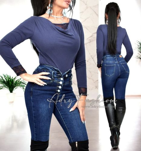 Sötétkék kámzsás csipkés női felső