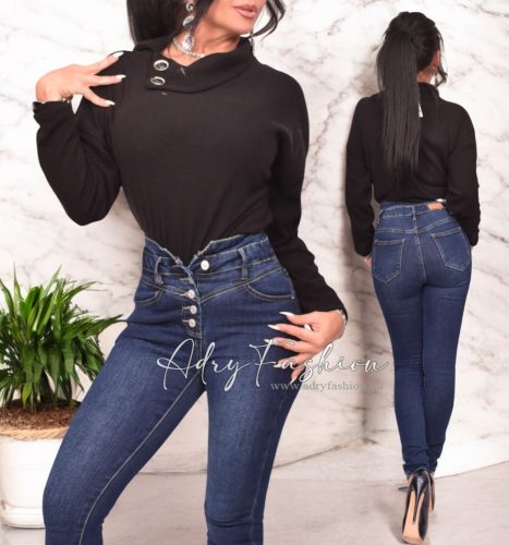 Fekete színű kötött galléros gombdíszes tunika felső  