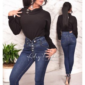   Babi Fekete színű kötött galléros gomb díszes tunika felső  