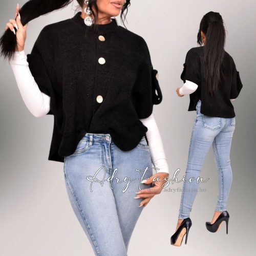 Fekete színű gombos poncsó kardigán