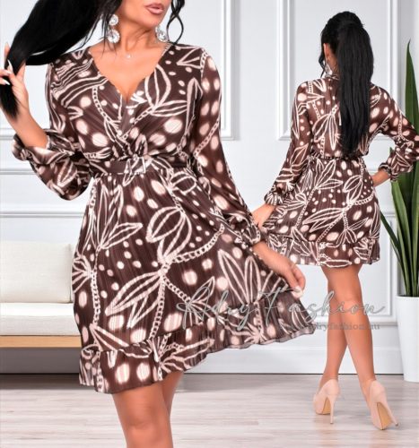 Barna bézs arany szálas mintás női ruha övvel