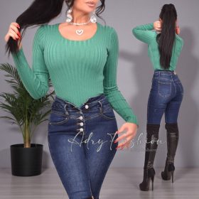   Zöld színű vékony kötött bordás kerek kivágott felső 