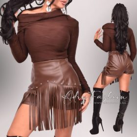 Barna puha műbőr shortos rojtos szegecses szoknyanadrág