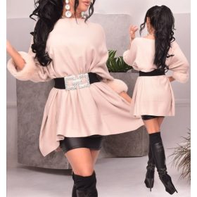 Bézs színű szőrmés ujjú kötött poncsó