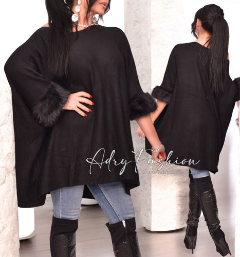 Fekete színű szőrmés ujjú kötött poncsó