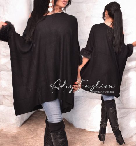 Fekete színű szőrmés ujjú kötött poncsó