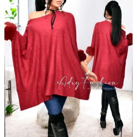 Bordó színű szőrmés ujjú kötött poncsó