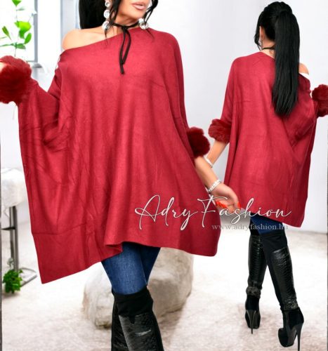 Bordó színű szőrmés ujjú kötött poncsó