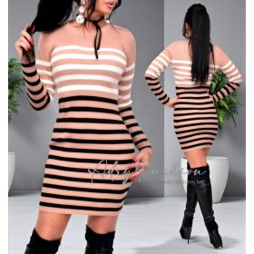   Barna színű vaj fekete csíkos bordás kötött aranygombos női ruha