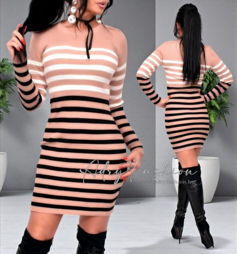 Barna színű vaj fekete csíkos bordás kötött aranygombos női ruha