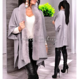   Szürke színű szőrme galléros kötött puha poncsó karigán
