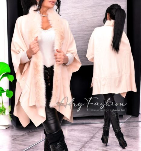 Bézs színű szőrme galléros kötött puha poncsó kardigán
