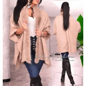   Homok színű szőrme galléros kötött puha poncsó kardigán