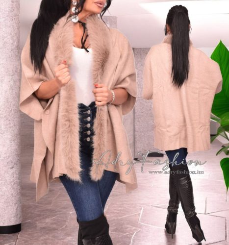 Homok színű szőrme galléros kötött puha poncsó kardigán