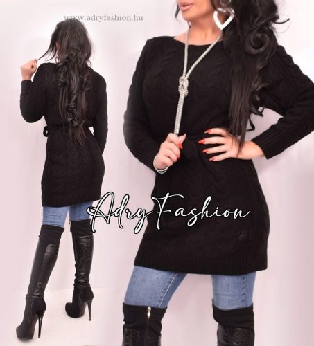 Fekete kötött derekán megkötős női ruha