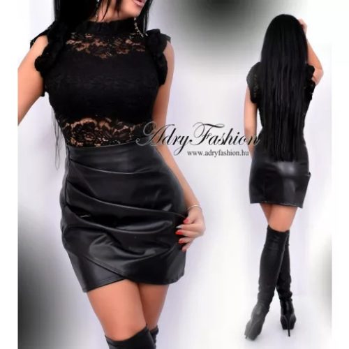 Fekete színű műbőr átlapolt oldalt cipzáros szoknya