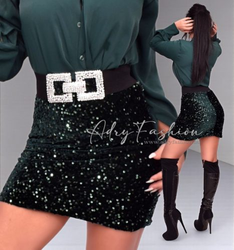 Betty zöld színű flitteres alkalmi szoknya öv nélkül