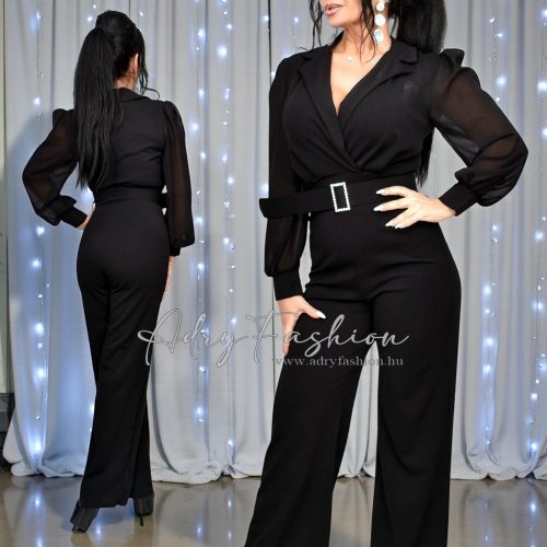 Fekete átlapolt alkalmi overál köves csatos övvel