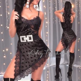   Fekete szatén pöttyös csipkés pántos női ruha  öv nélkül