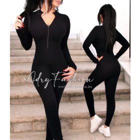 Fekete színű bordás sztreccs overál 