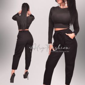 Fekete pamut elöl tűzött megkötős női nadrág