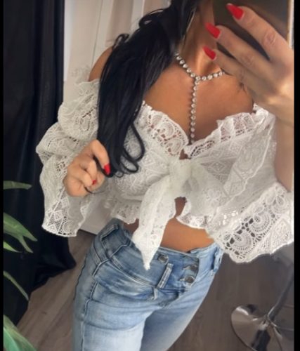 Elena Fehér színű elegáns alkalmi csipke crop top