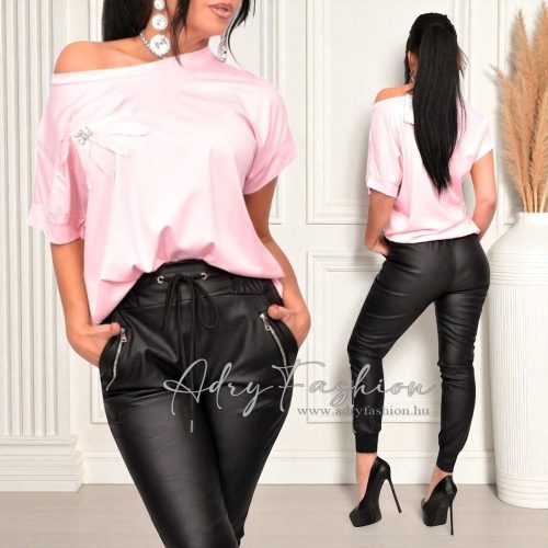 LILI Rózsaszín pamut virág és strassz díszes női felső