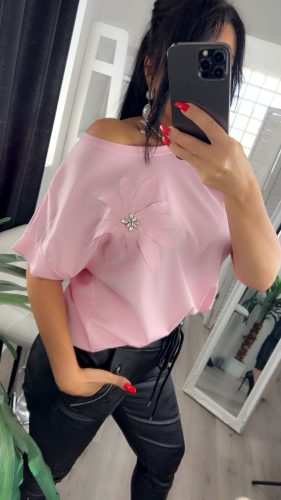 LILI Rózsaszín pamut virág és strassz díszes női felső