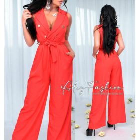   Livia Piros átlapolt alkalmi overál gombdíszes derekán megkötővel 