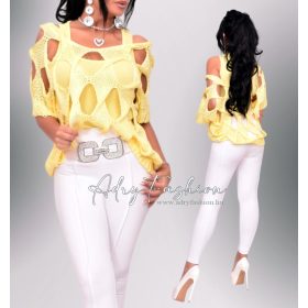 Sárga rombusz mintás kötött felső trikóval