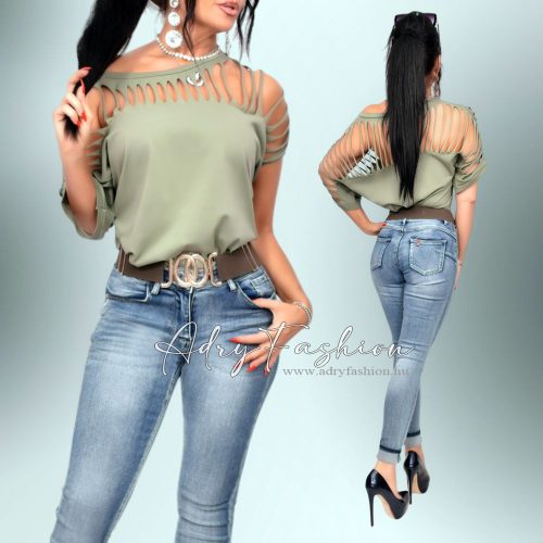 Keki színű hálós trendy pamut póló