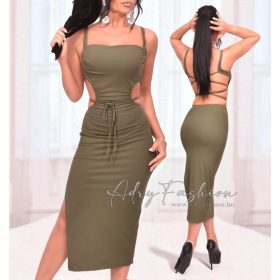 Keki színű bordás maxi trikó ruha nyitott hátú