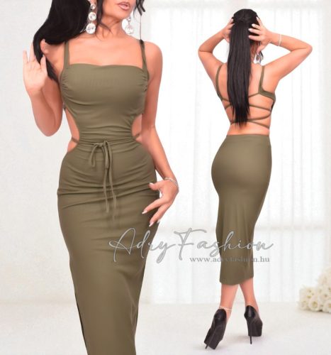 Keki színű bordás maxi trikó ruha nyitott hátú