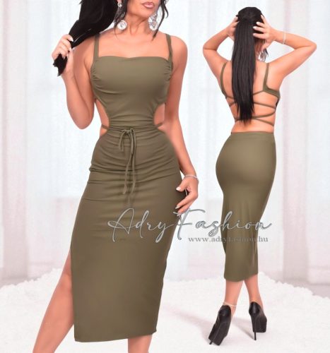 Keki színű bordás maxi trikó ruha nyitott hátú