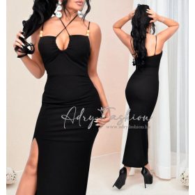 Fekete bordás pántos maxi ruha fagyöngy díszekkel