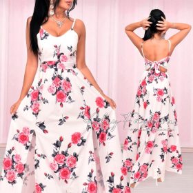 Fehér alapon pink rózsa mintás maxi női ruha