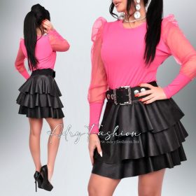 Luna – Pink színű bordás női felső tüll ujjakkal