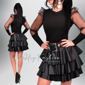 Luna – Fekete színű bordás női felső tüll ujjakkal