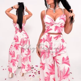 Pink levél mintás top és nadrág szett