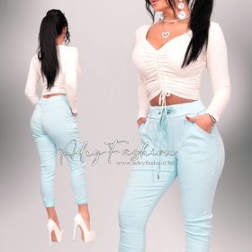   Mia világos türkiz színű női nadrág csillogós megkötős