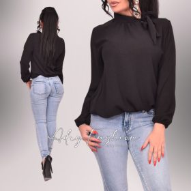   Fekete színű gyűrt hatású blúz felső nyaknál masnis megkötővel 
