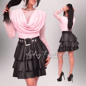 Rózsaszín bordás kámzsás csipke díszes felső