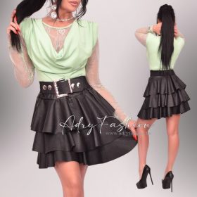 Pisztácia bordás kámzsás csipke díszes felső