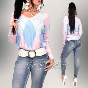   Kék rózsaszín káró kockás vékony kötött V kivágott felső bővebb fazon