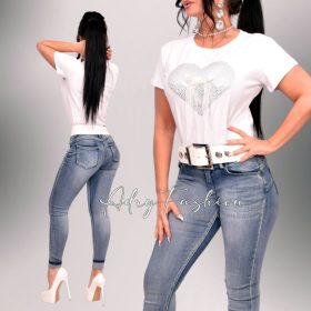 Fehér pamut póló szivecske mintás strasszos