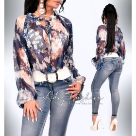   Sötétkék bézs fehér mintás muszlin blúz nyaknál megkötős