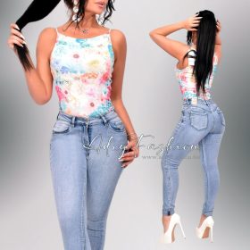 Türkiz virág mintás spagetti pántos bordás trikó