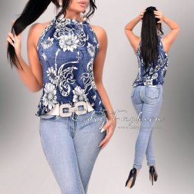   Farmer színű anyagában mintás nyakba kötős jégselyem felső